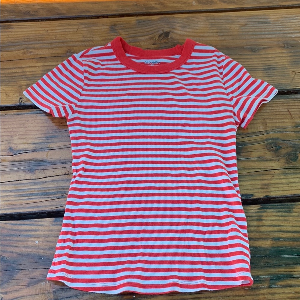 Red and White Striped snug small tall ribbed tee women’s old navy